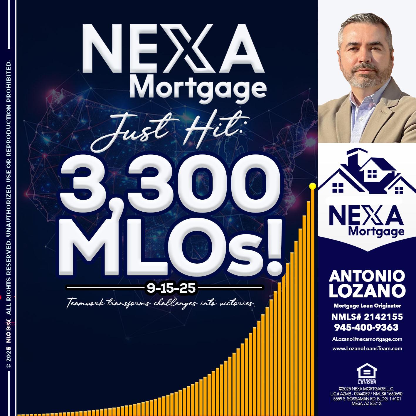 NEXA JUST HIT 3300 MLOS - Antonio Lozano -Mortgage Loan Originator